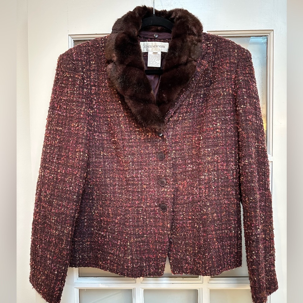 Vintage Jones New York Virgin Wool Purple Tweed Jacket Mob Wife Vibes Size 12 L